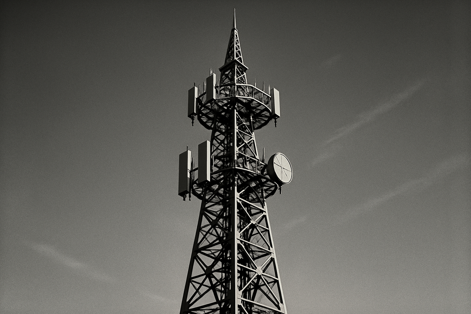 BLACK AND WHITE RETRO STYLE IMAGE WITH A TELECOMMUNICATION TOWER