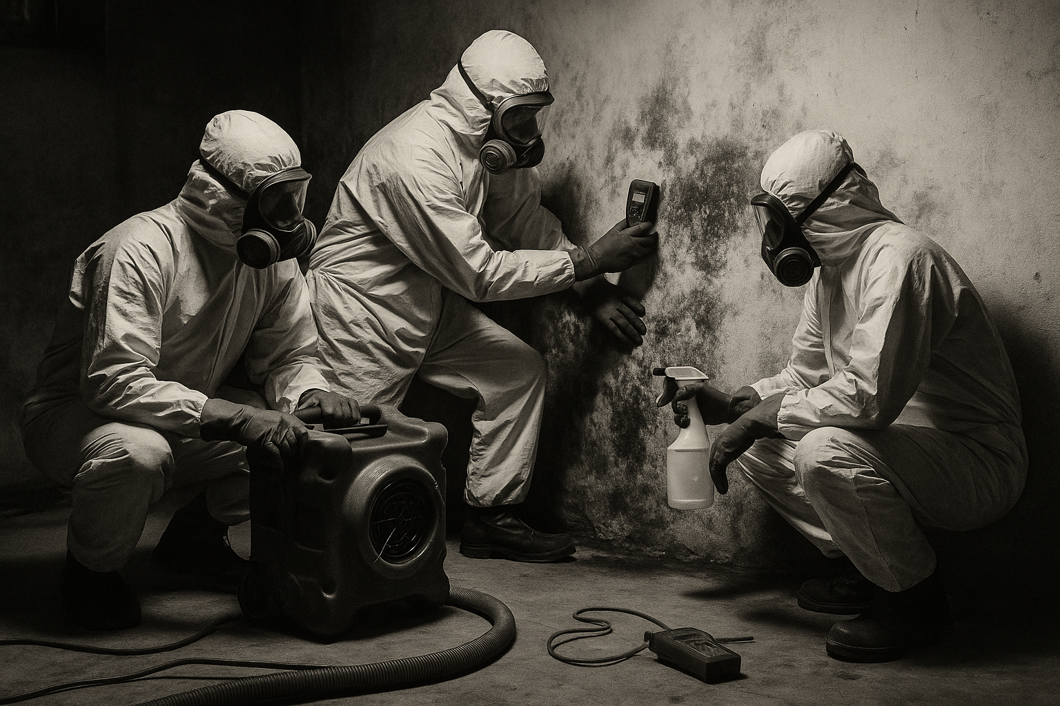 black and white retro style photo of some performing MOLD REMEDIATION