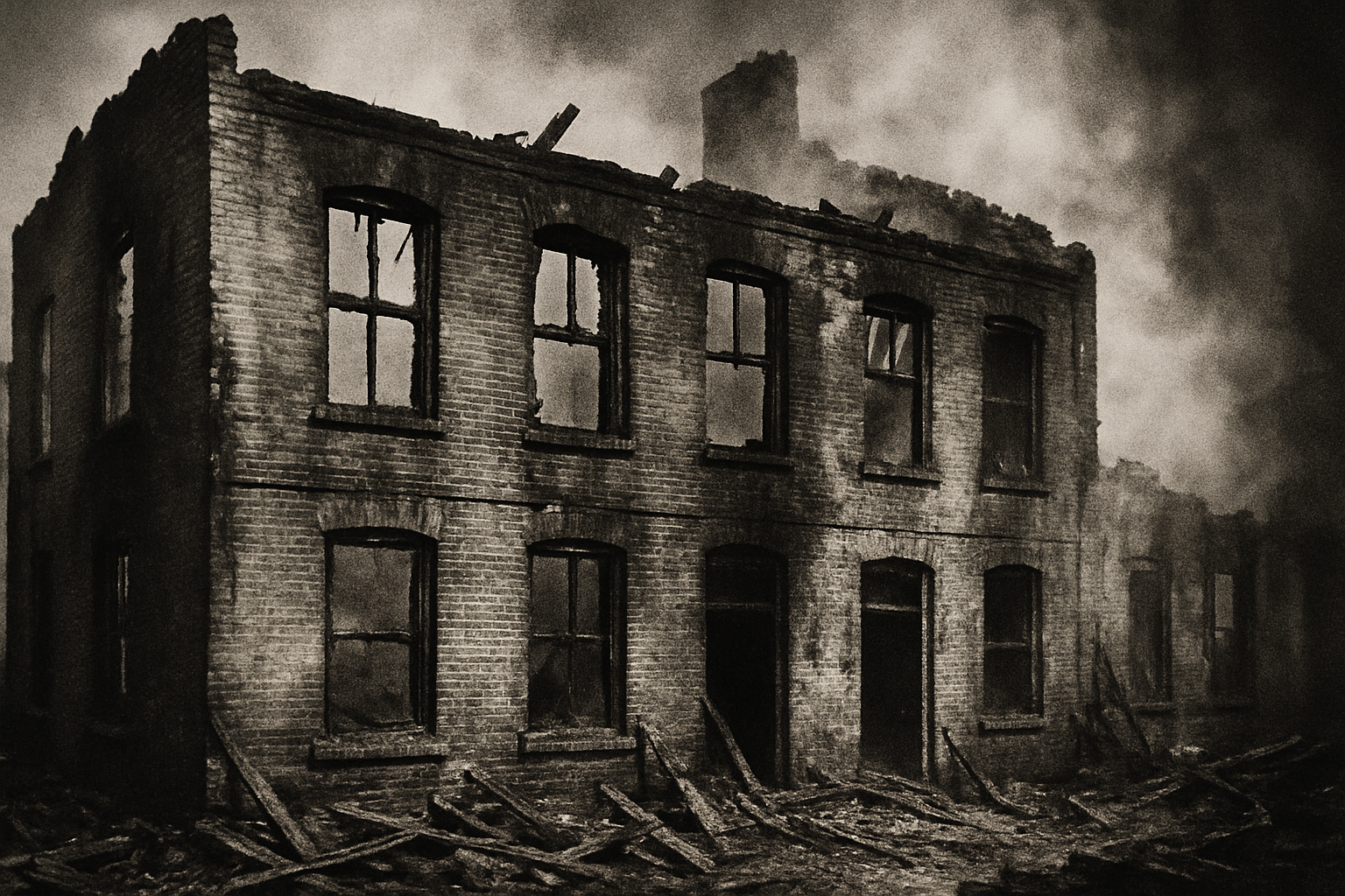 black & white retro photo of a building with fire damage