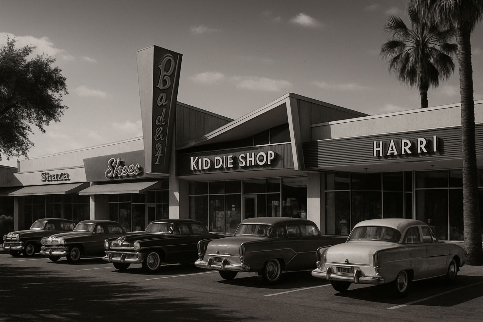 create a black & white image with a retro shopping center