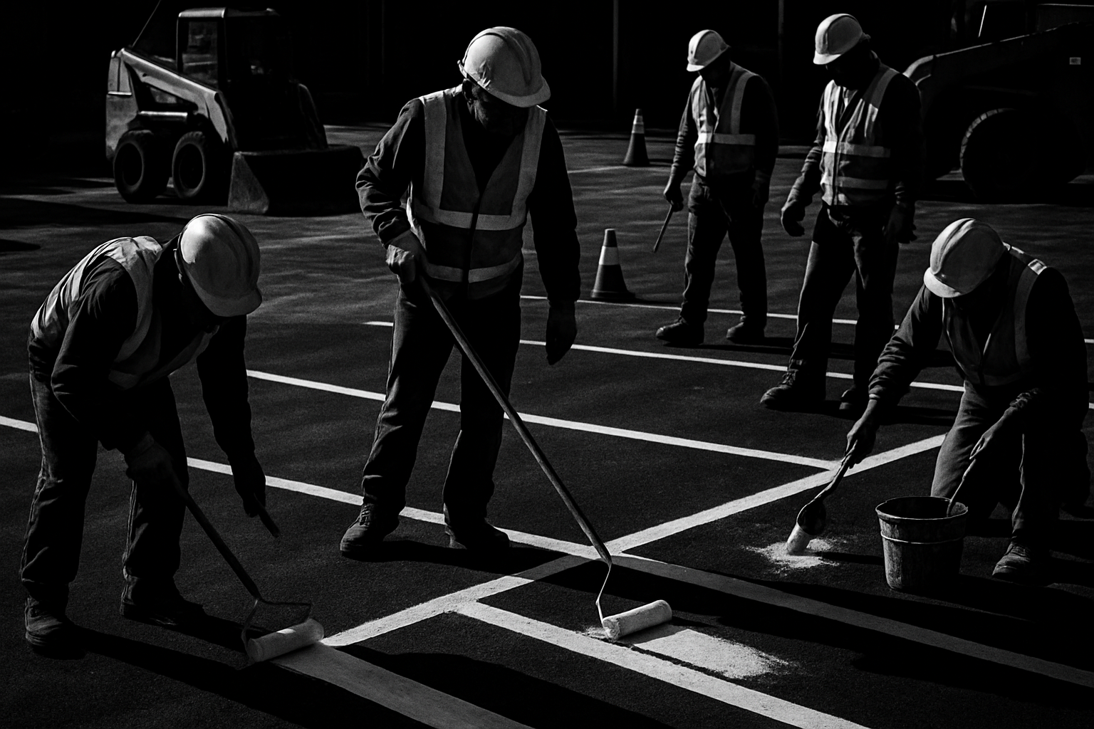 WORKERS REPAIRING & PAINTING A PARKING LOT IN HIGH CONTRAST PHOTO
