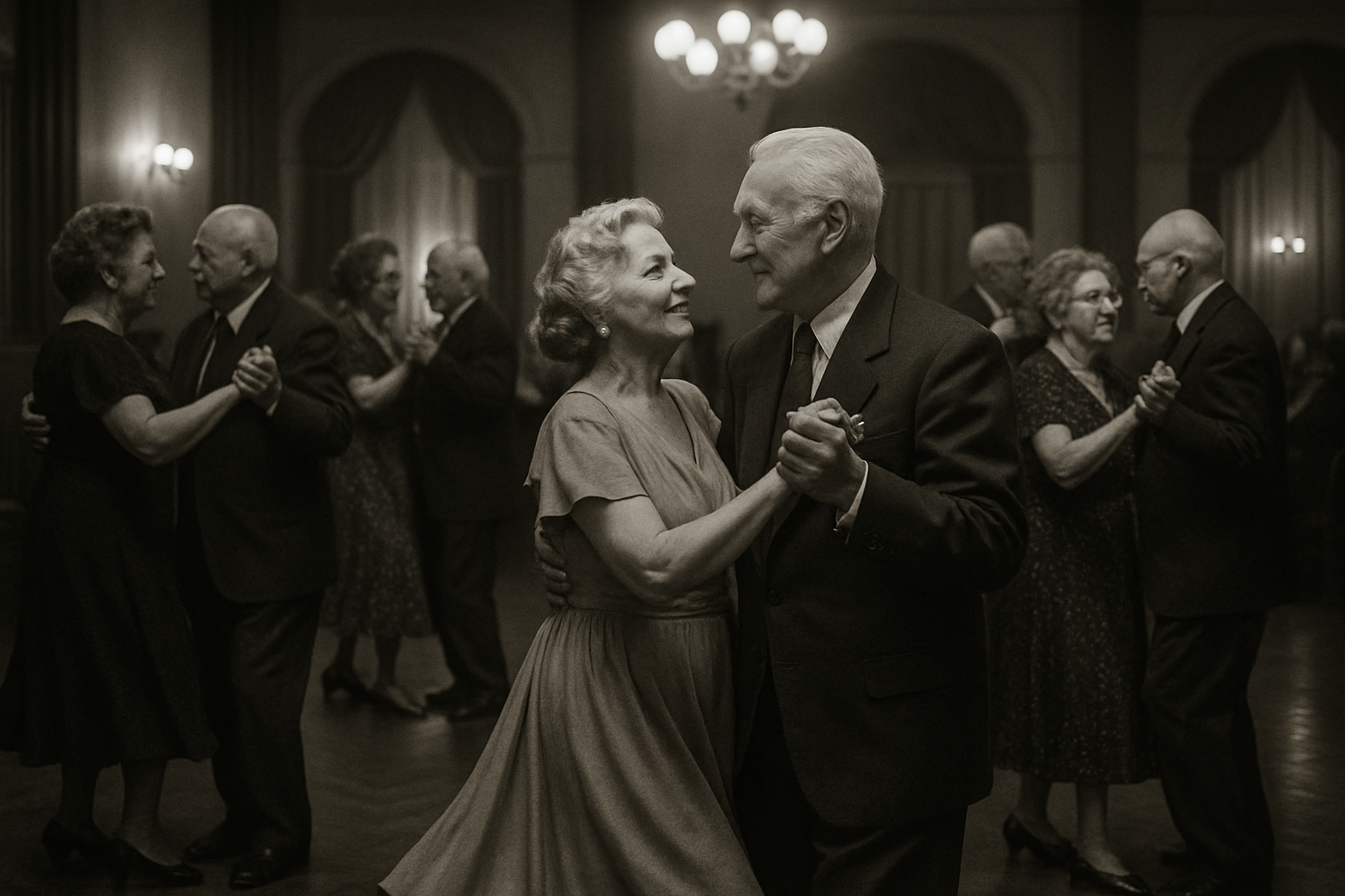 black and white photo  retro-style elderly people dancing