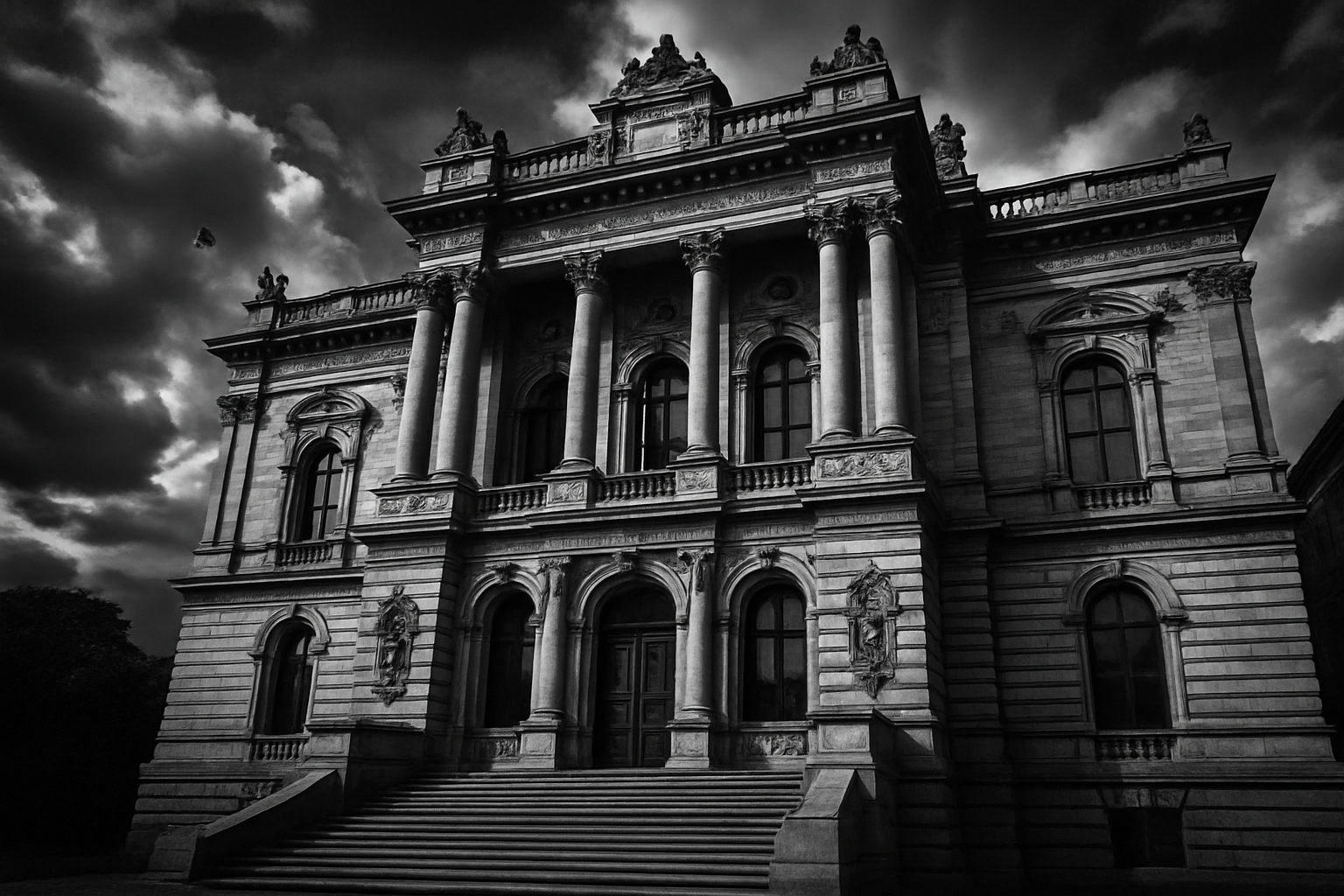 create a black and white photo of a historic building