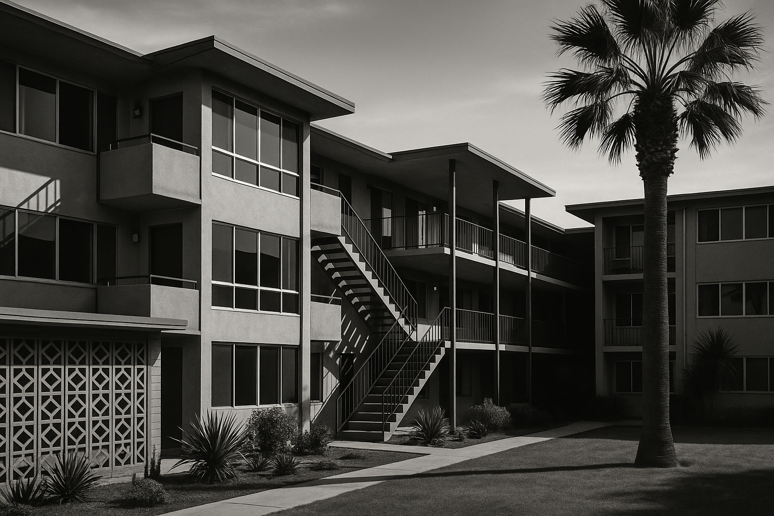 make a black & white photo of a retro apartment complex